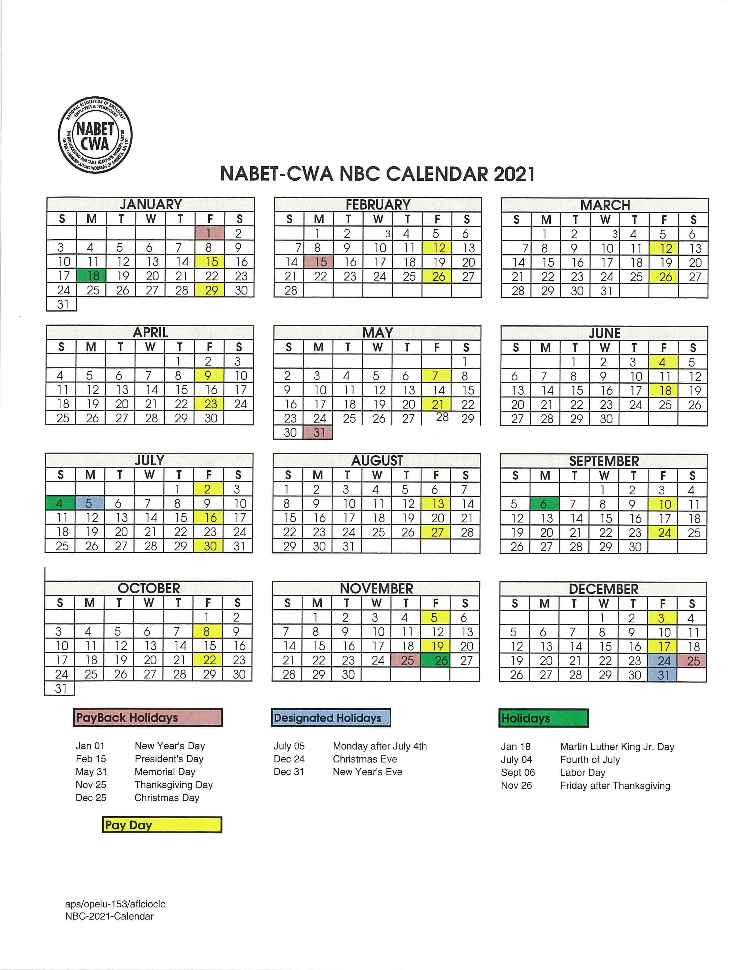 NBC Vacation Calendar 2021