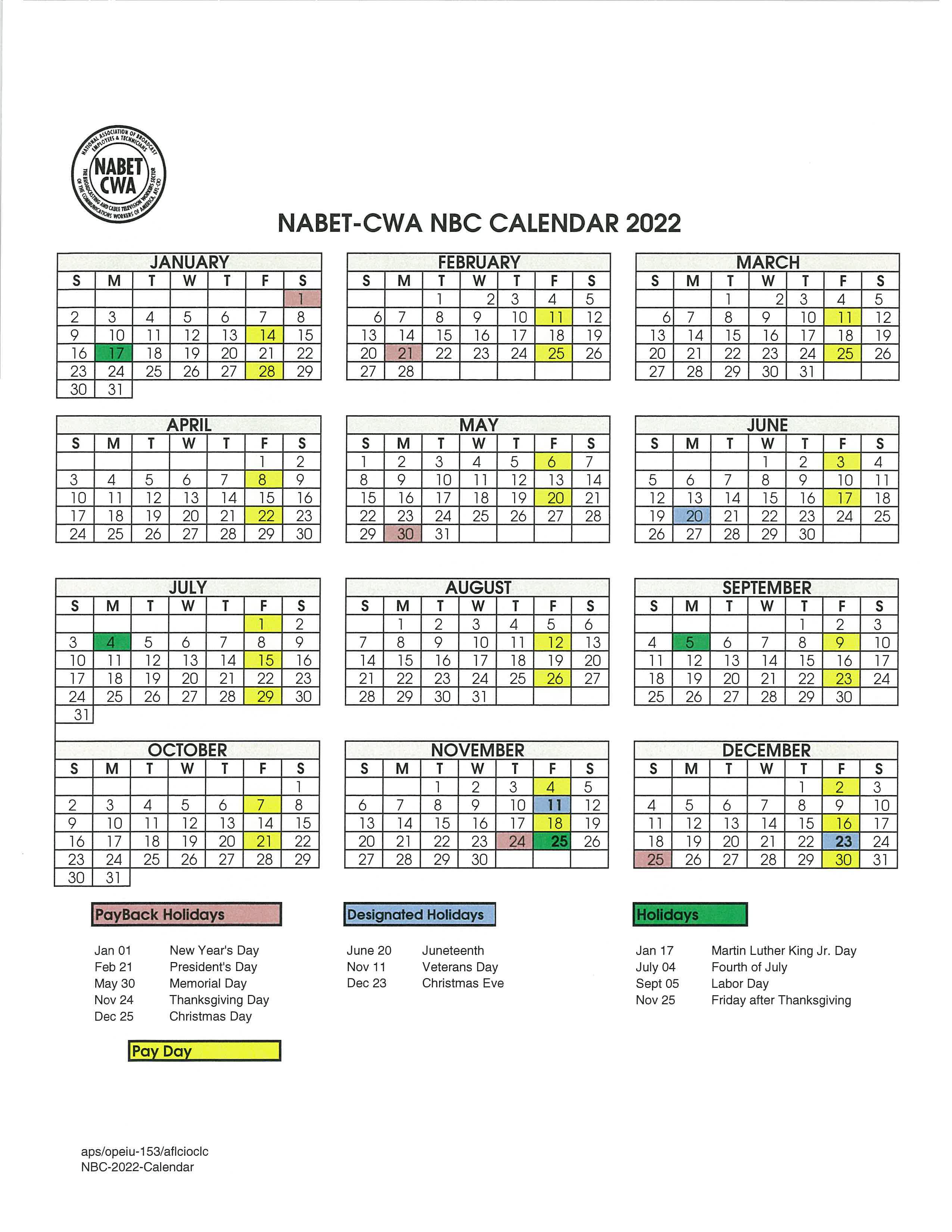 NBC 2022 Vacation Calendar