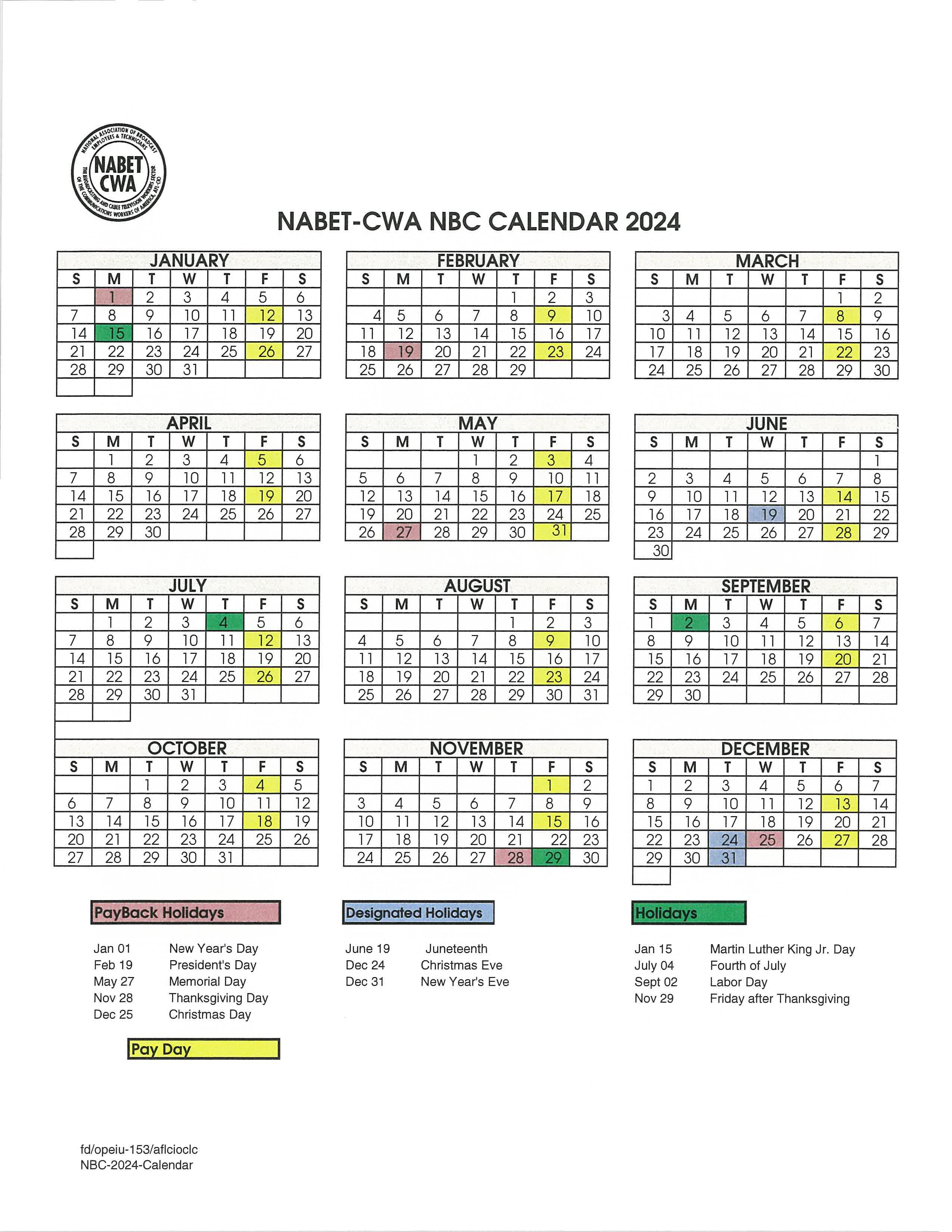 Revised NBC calendar 2024